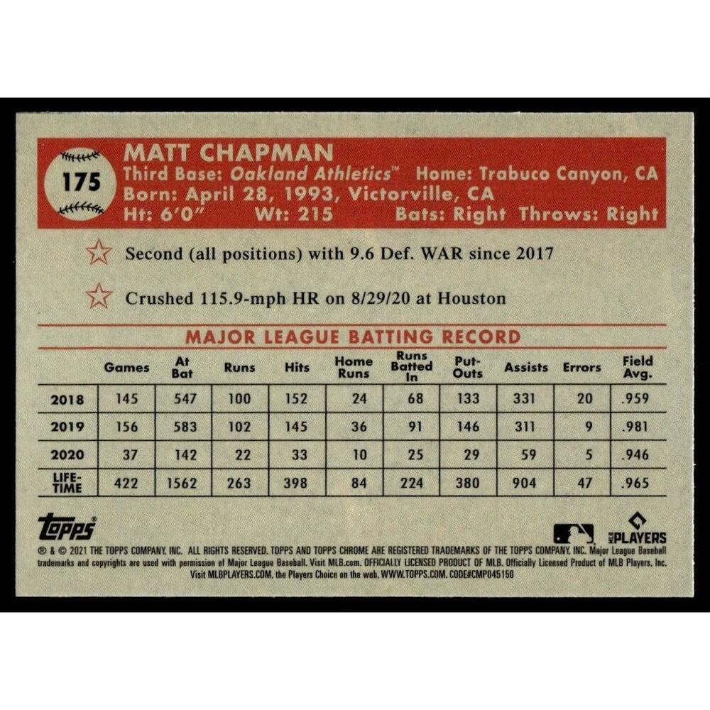 2021 Topps Chrome Platinum Anniversary Matt Chapman Oakland Athletics #175 - Picture 2 of 2